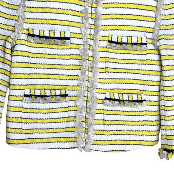 Veronica Beard Talie Tweed Blazer Yellow White Striped Frayed Trim Size 0 - Picture 6 of 12